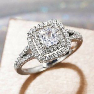 New Elegant 925 Silver Princess Cut Diamond Halo Ring